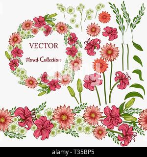 Die Blumenarrangements. Rosa Lilie und Hrizantema mit grünen Blättern. Vektor romantischen Garten Blumen. Blumenkranz. Nahtlose Leitungs Stock Vektor