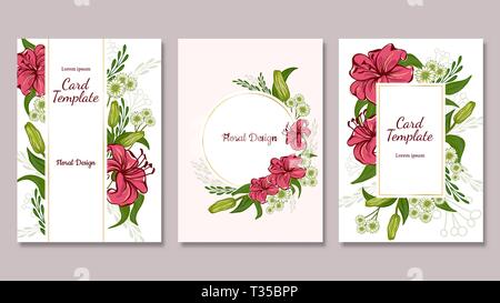 Postkarten-set. Rosa Lilie und Hrizantema mit grünen Blättern. Vektor romantischen Garten Blumen Stock Vektor