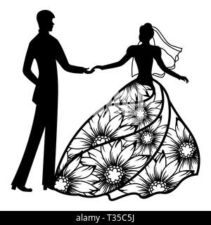 Vector Illustration. Mit der Bräutigam und die Braut Vorlage. Muster für die Laser geschnitten, Junge und Mädchen. Die tanzenden Paare. Kleid mit Blumen Stock Vektor