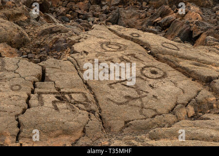 Felszeichnungen in Waikoloa Feld, auf der King's Trail ('Mamalahoa'), in der Nähe von Kona auf der grossen Insel von Hawaii. Stockfoto