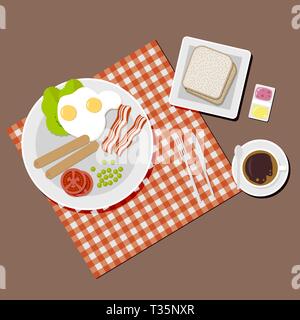 Frühstück. Decke auf Holztisch. mit Würstchen, Spiegeleier, becon, Tomaten, Erbsen, Salat, Brot, Marmelade und Butter, Kaffee Tasse Gabel Löffel Stock Vektor