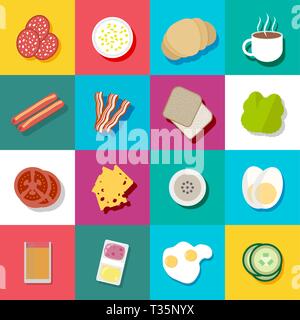 Frühstück bunte Icon Set. mit Würstchen, Speck, Kaffee, Orangensaft, Käse, Tomaten, Spiegelei und gekochte Eier, Marmelade und Butter, Gurke, Salat. Stock Vektor
