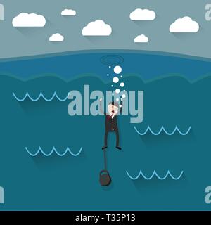 Cartoon ertrinken Geschäftsmann mit Kette auf seinem Bein. Vector Illustration in flacher Bauweise Stock Vektor