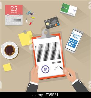Cartoon Geschäftsmann Hände Signatur Dokument, Ansicht von oben Büro Schreibtisch, Kaffee Tasse, Haftnotizen, Smartphone, Kreditkarte, Kalender. Vektor illustrati Stock Vektor