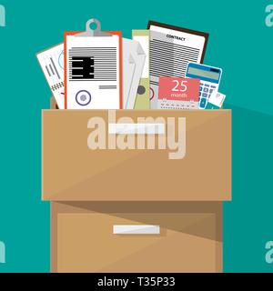 Büromöbel. Case, Box mit Ordner, Dokument, Dokumente, Kalender, Vertrag, Rechner. Vector Illustration im flachen Design auf grünem Hintergrund Stock Vektor