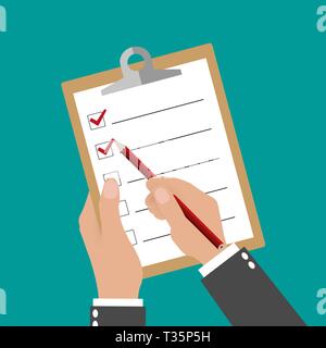 Geschäftsmann, Hände, die Zwischenablage mit leeren Blatt Papier und Bleistift, Zwischenablage mit Papier und Bleistift in der Hand. Vector Illustration in f Stock Vektor