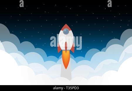 Platz Rakete in den Wolken und Himmel mit Sternen. Bis Konzept beginnen. Vector Illustration in flacher Ausführung. Für die Präsentation, Webseite, Broschüre verwendet werden, Stock Vektor