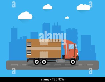 Rote Lkw Transport großer brauner Pappe auf der Straße und der Stadt shiluette mit Wolken. Vector Illustration im flachen Design. Lieferung conce Stock Vektor