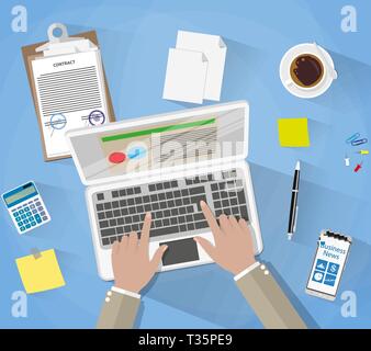 Geschäftsmann Arbeitsplatz Schreibtisch Hände arbeiten Laptop, Haftnotizen, Vertrag Papiere, Smartphone, Taschenrechner, Stift, Kaffeetasse. Vector Illustration in flache d Stock Vektor
