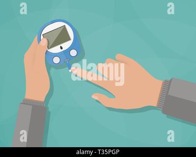 Hand Anwendung Blutstropfen streifen Glucometer, Diabetes Blutzucker testen. Vector Illustration im flachen Design auf grünem Hintergrund Stock Vektor