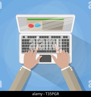 Geschäftsmann Hände auf Laptop Tastatur. Vector Illustration auf blauen Hintergrund im flachen Design. top View Stock Vektor