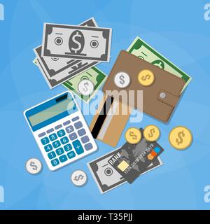 Finanzielle Mittel. Taschenrechner, silber gold Münzen, Dollar, Bargeld, Kreditkarte, Geldbeutel. Vector Illustration im flachen Design auf blauem Hintergrund Stock Vektor