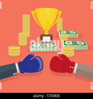 Duell zwischen zwei Cartoon businessmans für die Geld- und Trophy Cup. Unternehmen Leistungen Karriere Konzept. Vector Illustration in flacher Bauweise Stock Vektor