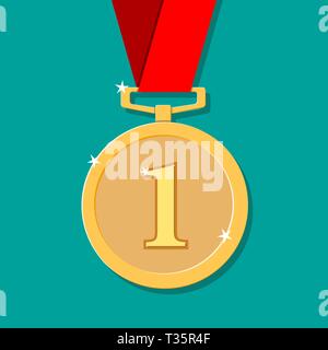 Goldene Medaille im flachen Stil mit Schatten. Gewinner award. ersten Platz, Leistung. Vector Illustration auf grünem Hintergrund Stock Vektor