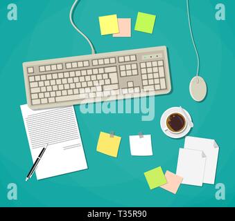 Büro Arbeitsplatz mit Tastatur, Maus, Kaffeetasse, Dokumente, Papiere, Farbe stycky Notizen. Vector Illustration im flachen Design auf grünem Hintergrund Stock Vektor