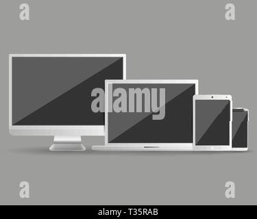 Moderne Geräte einrichten. Computer Monitor, Smartphone, Notebook und Tablet PC in Silber. Vector Illustration auf grauem Hintergrund Stock Vektor