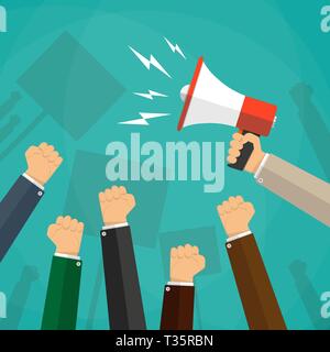 Cartoon von einschreibegebuehr und Hand mit Megaphon, Protest, Revolution, Konflikt, Vector Illustration im flachen Design auf grünem Hintergrund Stock Vektor