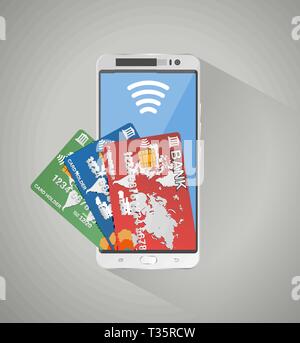 Silver Smartphone und drei Bankeinzug Kreditkarten im Inneren Bildschirm. Konzept des Mobile Banking und Online Payment, Vector Illustration auf Grau backgroun Stock Vektor