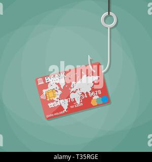 Kredit- oder Debitkarte Kunststoff bank karte auf Angeln Haken, die Betrugsbekämpfung, Internet Security, Sicherheit Zahlungen. Vector Illustration im flachen Design auf Grün backgrou Stock Vektor
