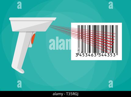 Hand Barcode Scanner. Vector Illustration im flachen Design auf grünem Hintergrund Stock Vektor