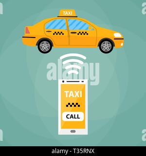 Taxi mobile App Konzept. White Smartphone mit Mobile App und gelben Taxi Auto. Taxi für Smartphone. Taxi. Taxi Auto. Vector Illustration in einfachen Stock Vektor