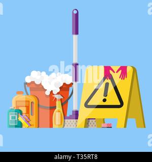 Reinigung eingestellt. MOP, Schwamm, roten Plastikeimer, Reinigungsmittel in der Flasche für Boden und Glas, gelbes Schild erinnert an nassen Boden mit Gummi Handschuhe u Stock Vektor