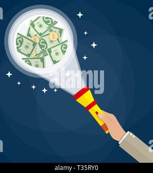 Cartoon Geschäftsmann hand mit roten Taschenlampe siehe Geld. Business Inspektion Konzept. Vector Illustration im flachen Design auf dunklem Hintergrund Stock Vektor