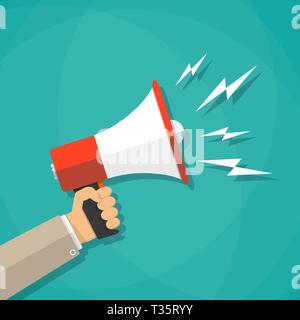 Cartoon menschliche Hand Megaphon. social media marketing Konzept. Vector Illustration im flachen Design auf braunem Hintergrund Stock Vektor