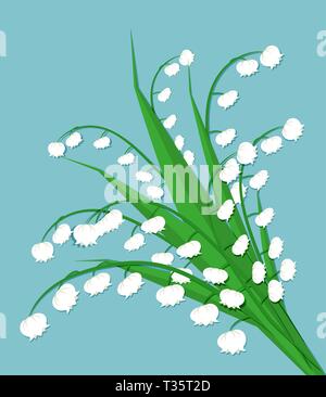 Maiglöckchen, cute Blumenstrauß. Frühling Blumen, Blüten, Frühling Blumenstrauß am blauen Hintergrund. Vector Illustration in flacher Bauweise Stock Vektor