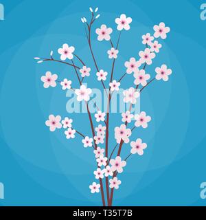 Sakura Japan cherry Zweig mit blühenden Blumen auf blauem Hintergrund isoliert. Vector Illustration in flacher Bauweise Stock Vektor