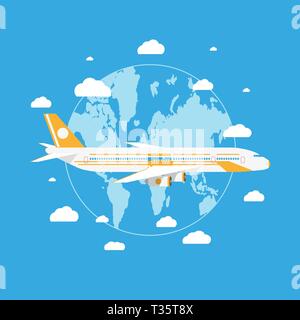 Cartoon Passagier Flugzeug über dem Planeten Erde fliegen mit weißen Wolken im blauen Himmel. Vector Illustration im flachen Design auf blauem Hintergrund Stock Vektor