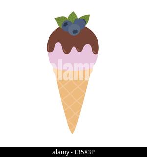 Heidelbeere Eis mit Schokolade in einer Waffel Kegel. Vector Illustration auf weißem Hintergrund isoliert Stock Vektor