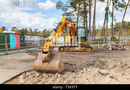 Gelb Caterpillar verfolgt JCB JS 130 LC schwerem Bagger Raupenbagger mit Schaufel Schaufel an der RHS Gärten, Wisley, Surrey, Großbritannien Stockfoto