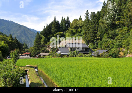 Tsumago, Nagano, Japan - 30. Juli 2018: schöne Aussicht auf eine typische japanische Haus von einem Reisfeld auf der Nakasendo Road Trail in Japan umgeben Stockfoto