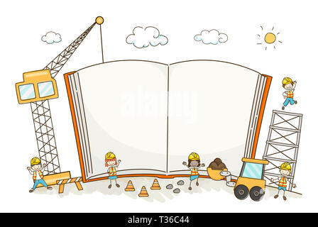 Abbildung: Stickman Kinder offen und leer Bau Buch mit Kran und Bagger Stockfoto
