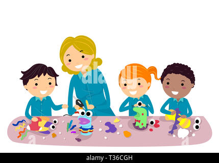 Abbildung: Stickman Kinder die niedlichen Puppen mit dem Lehrer in der Klasse Socke Stockfoto