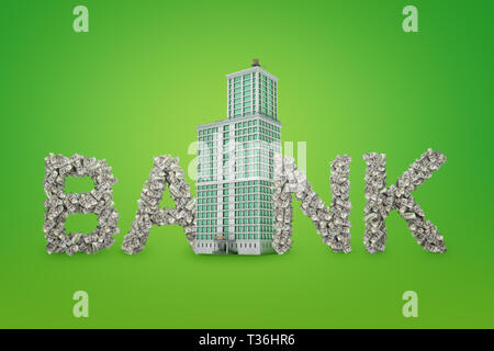 3D-Rendering von Skyscraper und BANK unterzeichnen aus Dollar auf grünem Hintergrund Stockfoto