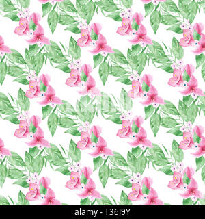 Aquarell rosa nahtlose Muster mit Blumen und grren Zweige, handgezeichnete Hintergrund. Romantische floral background Perfekt für Stoff Textil, vintag Stockfoto