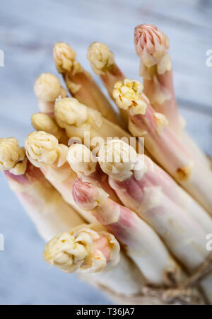 Bündel von frischem ungeschälten weißen Spargel im Frühjahr Stockfoto