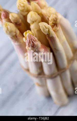 Bündel von frischem ungeschälten weißen Spargel im Frühjahr Stockfoto