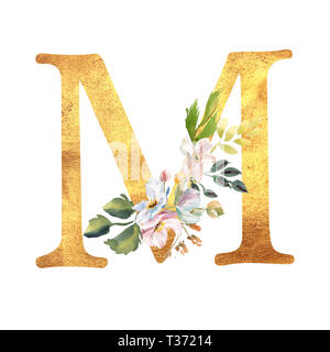 Romantische gold A mit einem gezogenen Aquarell Blumen. Elegante Emblem für Buchgestaltung, Markenname, Einladung Hochzeit dank Karte. Stockfoto