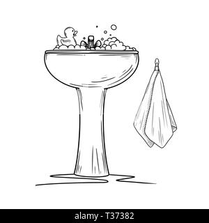 Keramik Waschbecken mit Schaum mit Schaum und Rubber Duck auf einem weißen Hintergrund. Cartoon Waschbecken mit Wasserhahn. Vektor Stock Vektor