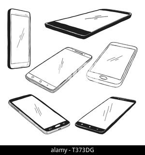 Skizze des Smartphones. Der Satz von Handys ist auf einem weißen Hintergrund. Vector Illustration. Stock Vektor