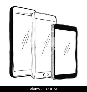 Skizze des Smartphones. Der Satz von Handys ist auf einem weißen Hintergrund. Vector Illustration. Stock Vektor
