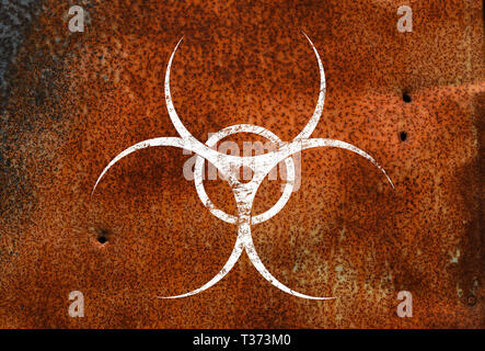 Weiß biohazard Warnschild über Grunge red Rusty korrodierte Metall Wand Hintergrund mit Kopie Raum lackiert Stockfoto