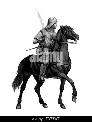 Germanische Ritter montiert, Teutonic knight Abbildung. Crusader auf dem Pferd. Stockfoto