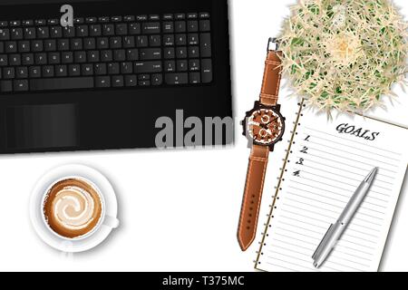 Ttop Blick des männlichen Bürotisch Schreibtisch mit Laptop und Bürobedarf Stock Vektor