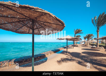 Sandige Strand mit Sonnenschirme aus Stroh und Sonnenliegen auf dem Hintergrund Palmen und blauem Meer gefüllt. Himmel mit der Copyspace für Ihren Text Stockfoto