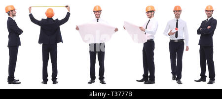 Panorama Foto Collage von qualifizierten Architekten isoliert auf weißem Stockfoto