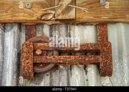 Rostige Rad in einem Frame auf einer Wellblech Gebäude. Stockfoto